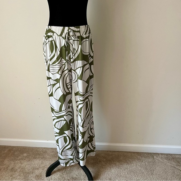 Messini Green & White Comfort Stretch PullOn Pants with Elastic Waist Medium - Picture 1 of 7